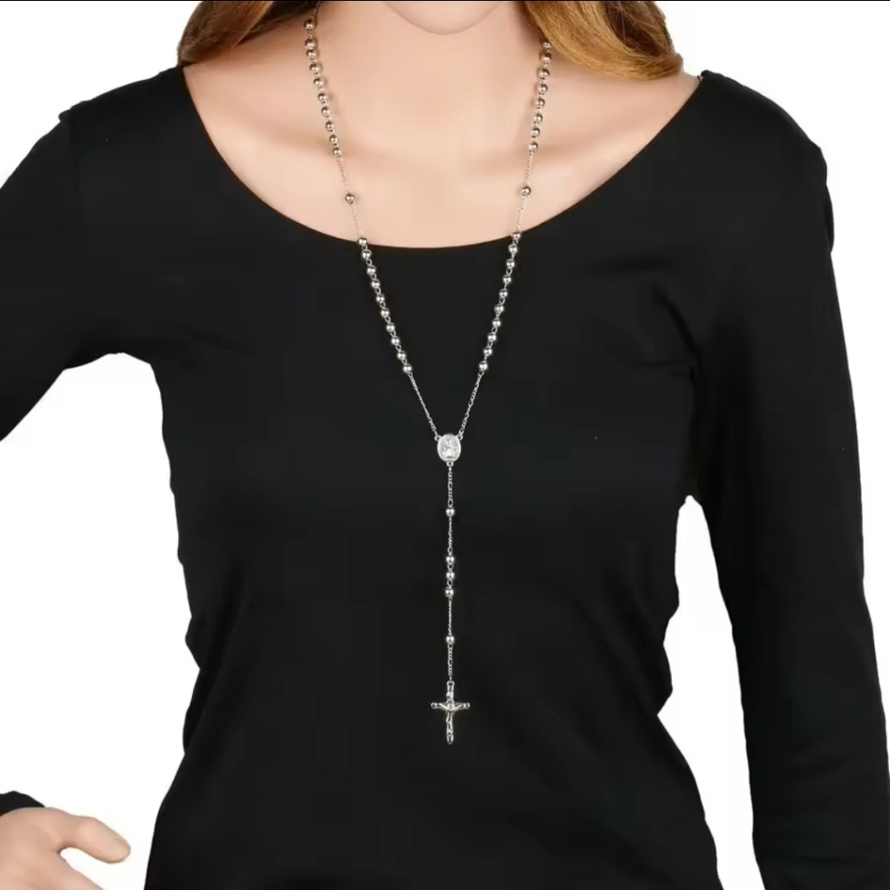 Rosary  6mm Beads Chain Crucifix Cross Long Necklace UNISEX